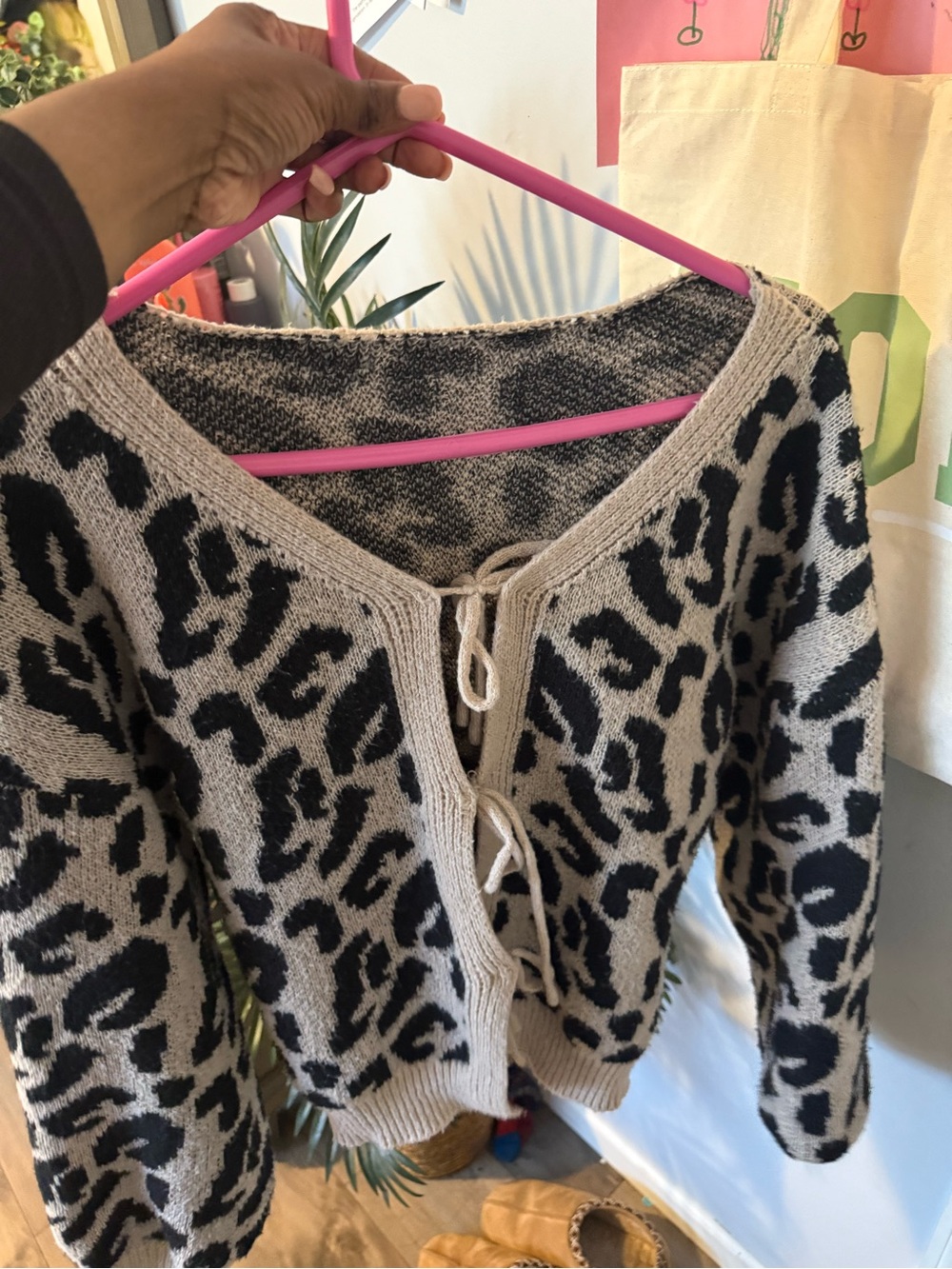 Beige and Black Leopard Print Tie-Front Sweater